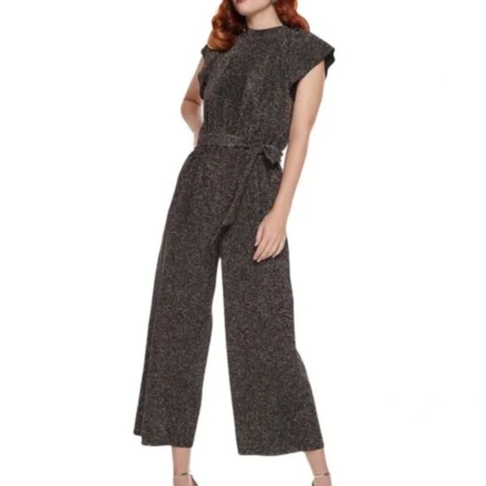 Nine West Jumpsuit Black Sparkle Metallic Flutter Sleeve Belted Size Medium